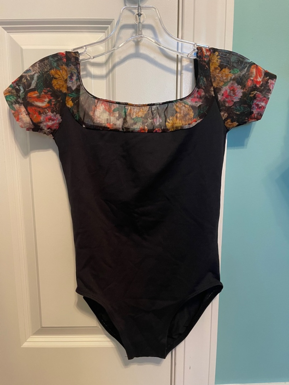 Women's Black Bodysuit with Floral Sheer Yoke and Short Sleeves